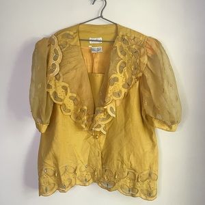 DaVinci Linen Ruffle Puff Sleeves Beaded Blouse Gold Size 24X